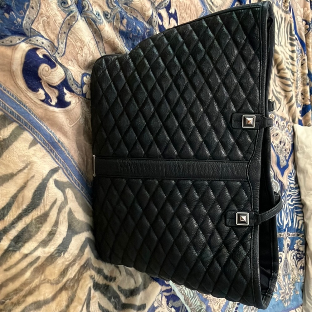 REBECCA MINKOFF Black Quilted Leather Tote Bag With Zippered Middle Compartment